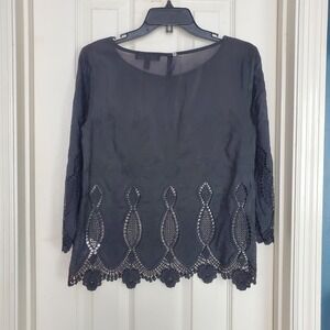 Banana Republic Black Sheer Silk Blend Lace Trim Long‎ Sleeve Top Small Petite